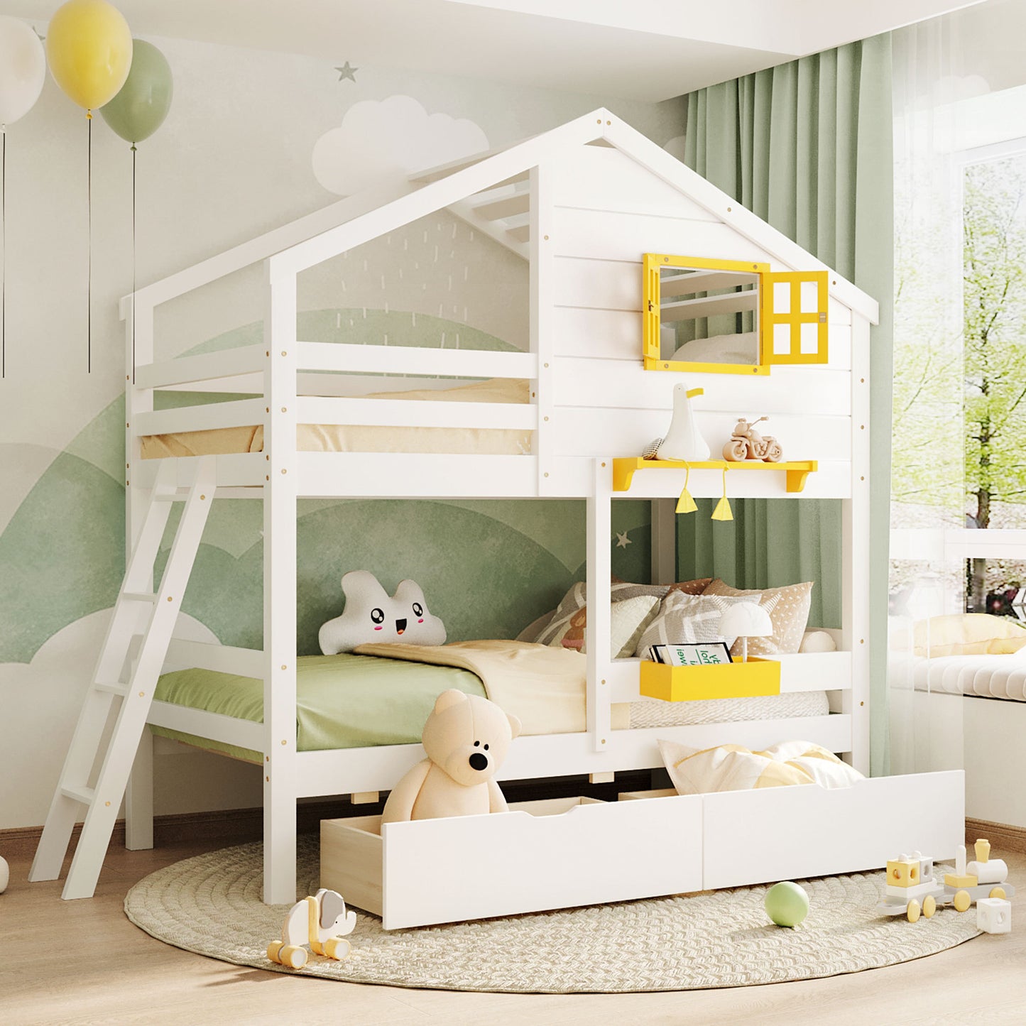 Twin over Twin Bunk Bed with 2 Drawers, 1 Storage Box, 1 Shelf, Window and Roof-White LT001608AAK-1