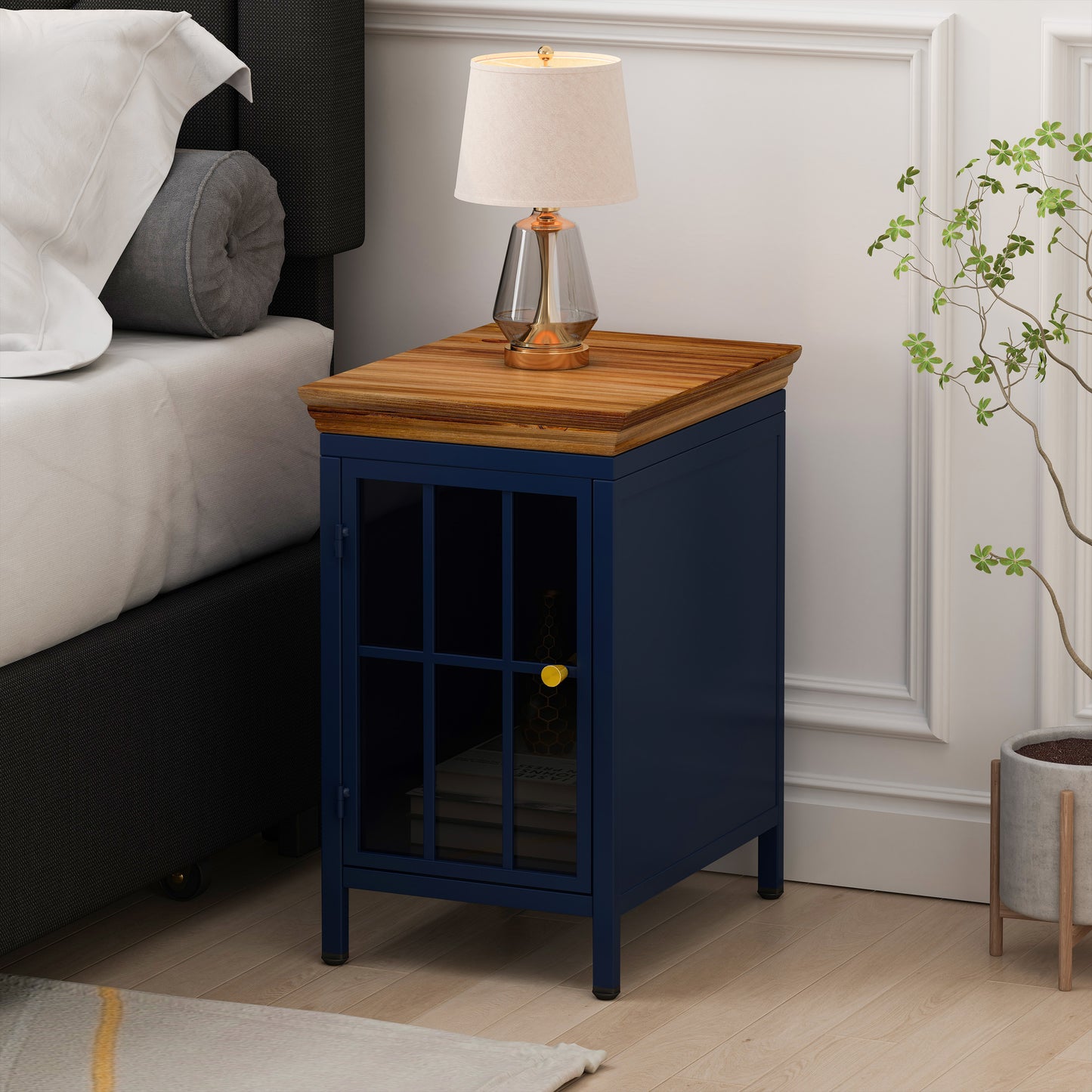 Nightstand with Storage Cabinet & Solid Wood Tabletop, Bedside Table, Sofa Side Coffee Table for Bedroom, Living Room, Dark Blue W757138620