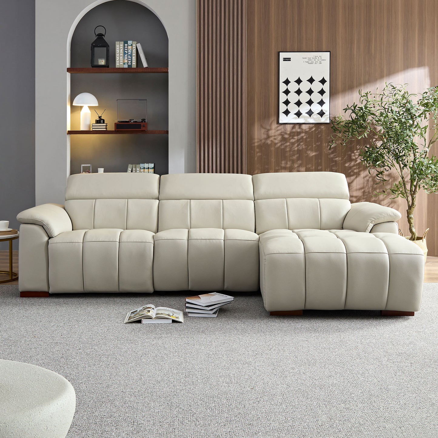Wall-Hugger Reclining Sofa Modern Electric Control Genuine Leather L Shaped Couch,Lounge Seat Theater Seating Furniture with USB Port, Sofa with Headrest & Footrest for Living Room,Apartment,Office W2582S00018