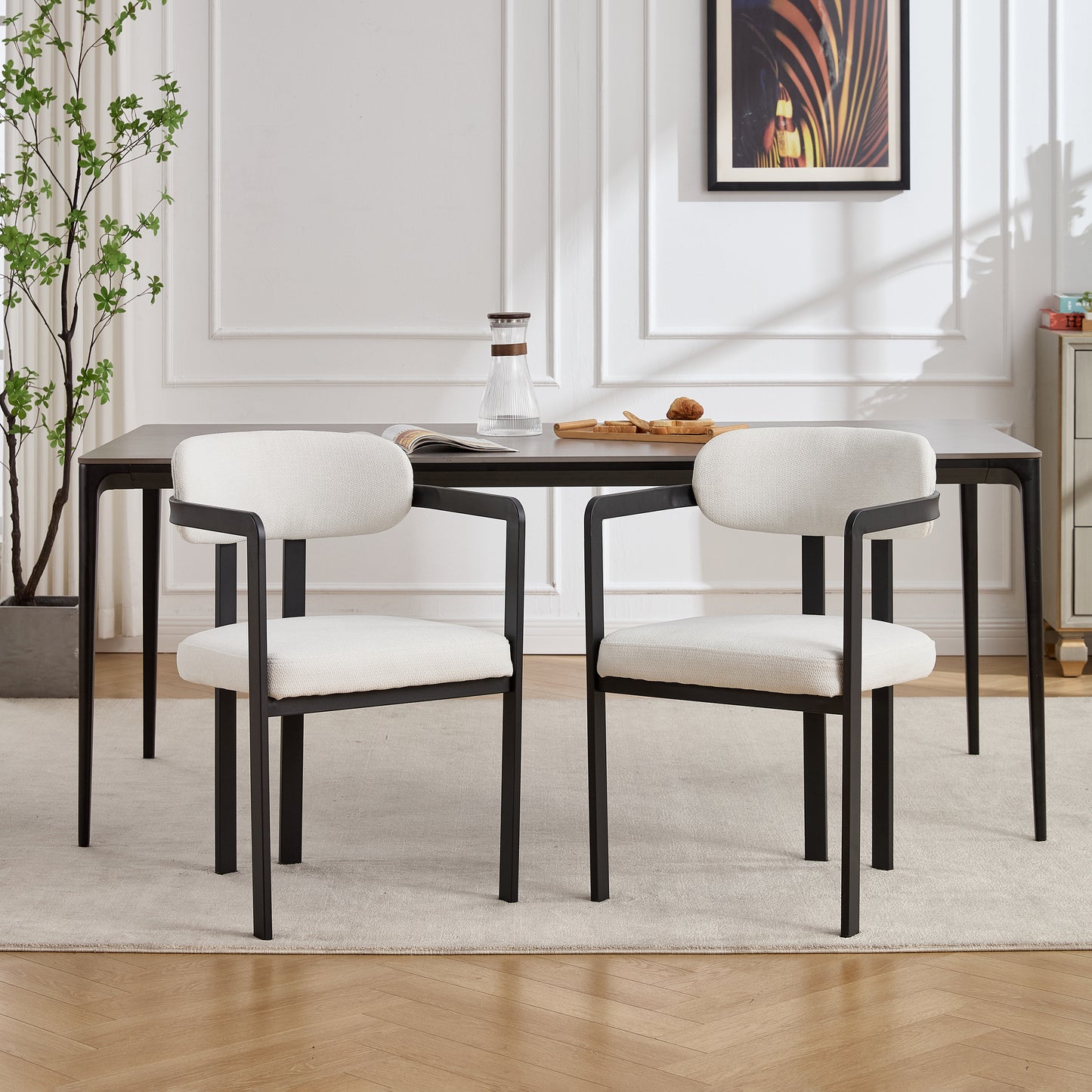 Modern Dining Room Chairs Set of 2, Mid-Century Upholstered Boucle Kitchen Dining Chairs with Black Metal Legs W3244P337430