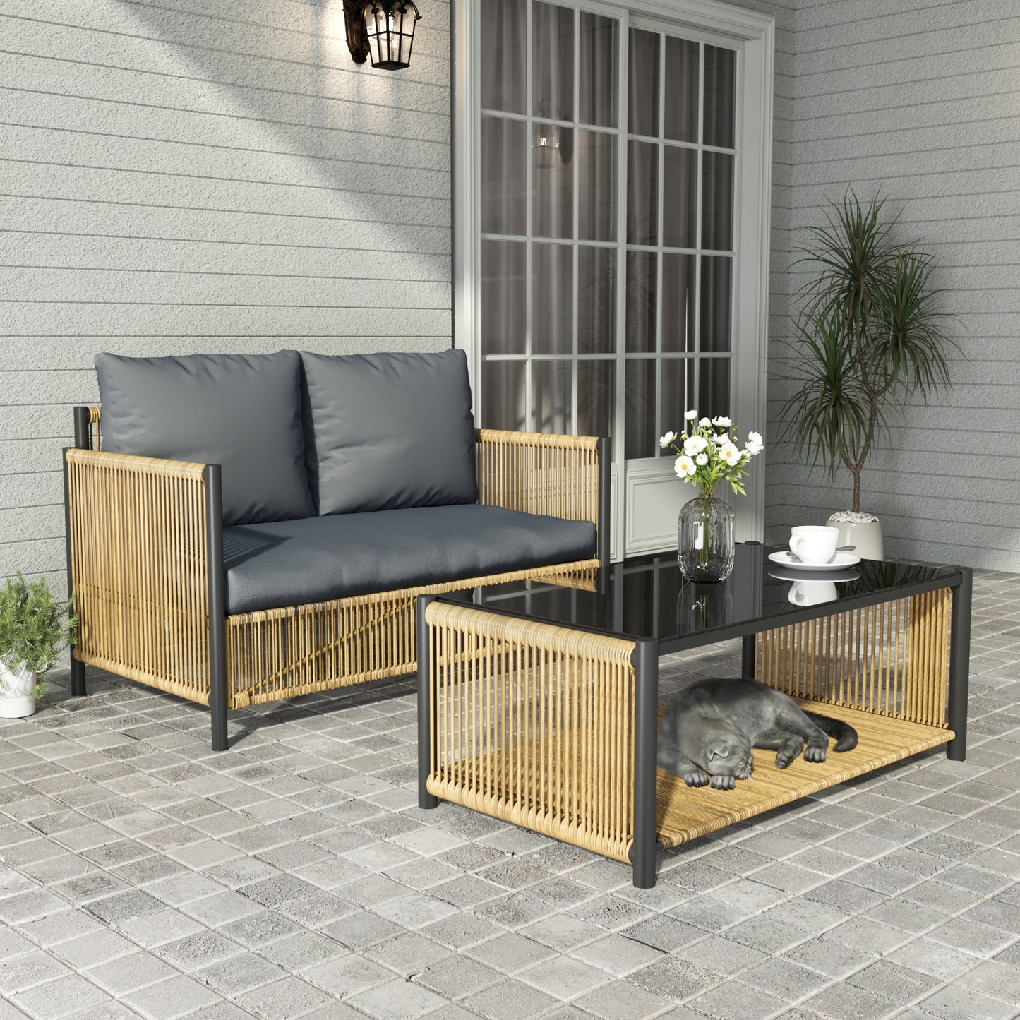 New Comming Outdoor PE Brown Wicker 2seats Sofa with Grey Cushion and Table Set W400P151946