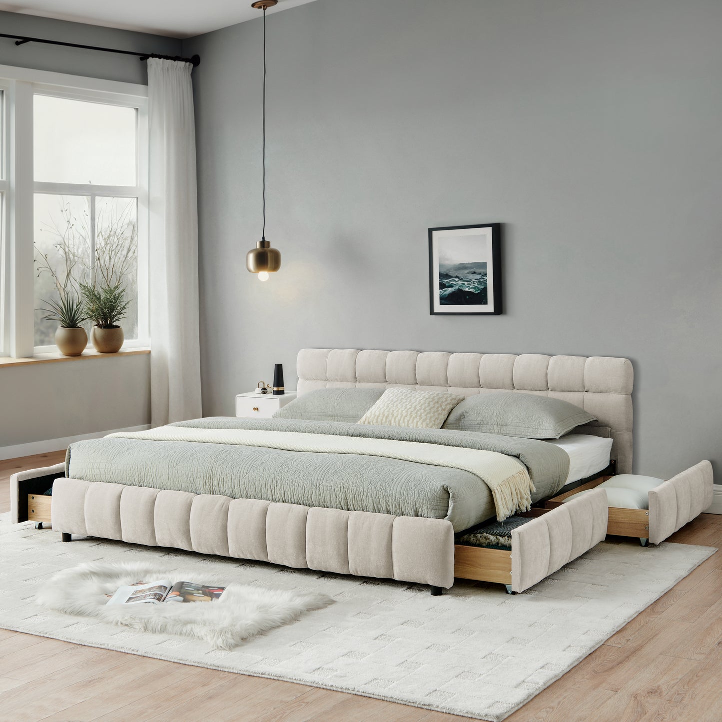California King size Upholstered Bed ,comfortable upholstered bed frame, Chenille fabric, with headboard and solid bed frame. With drawer for storage.-Beige(90.5''*80.5''*31'') W487P311316