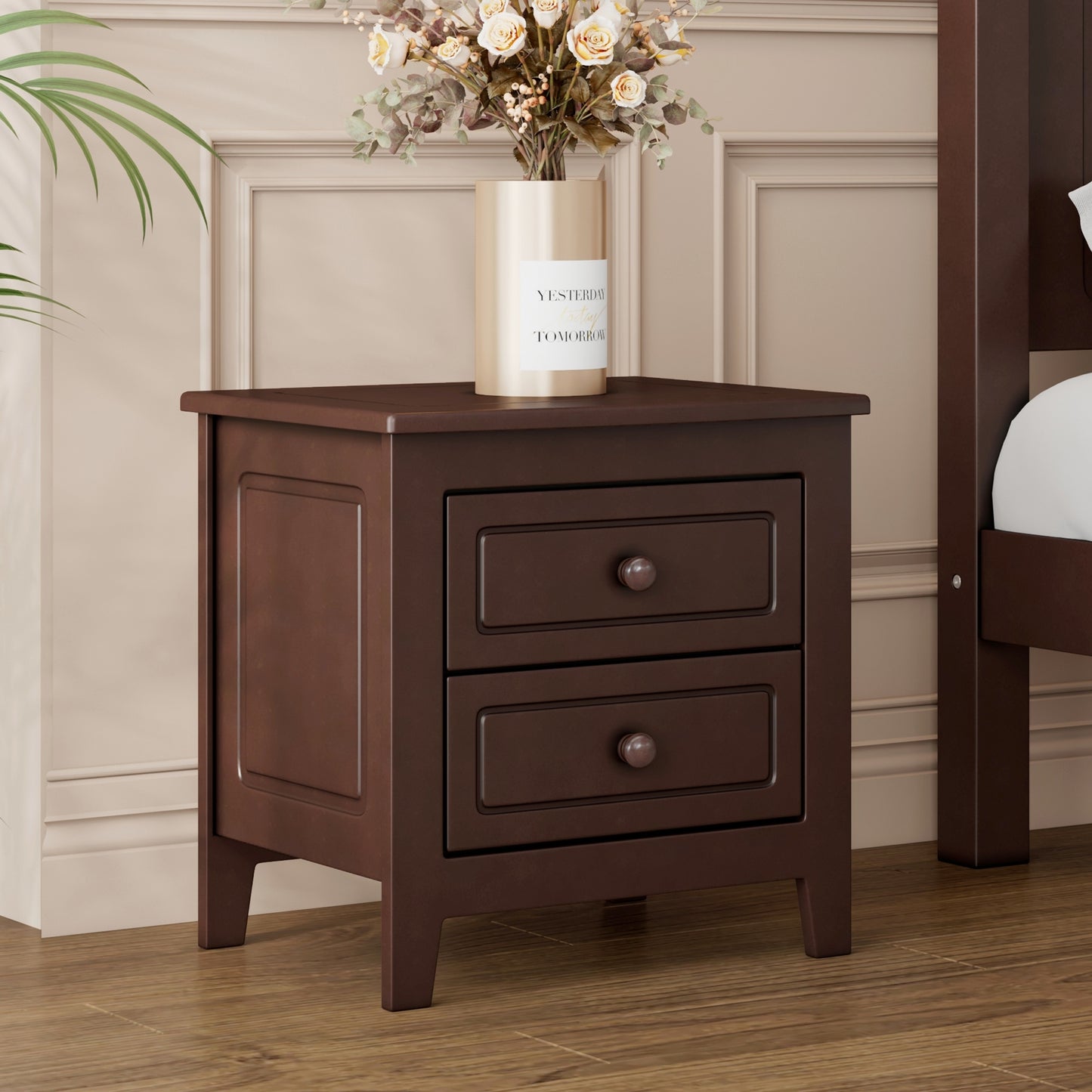 2-Drawer Nightstand for Bedroom, Mid Century Retro Bedside Table with Classic Design,Dark Walnut WF308187AAD