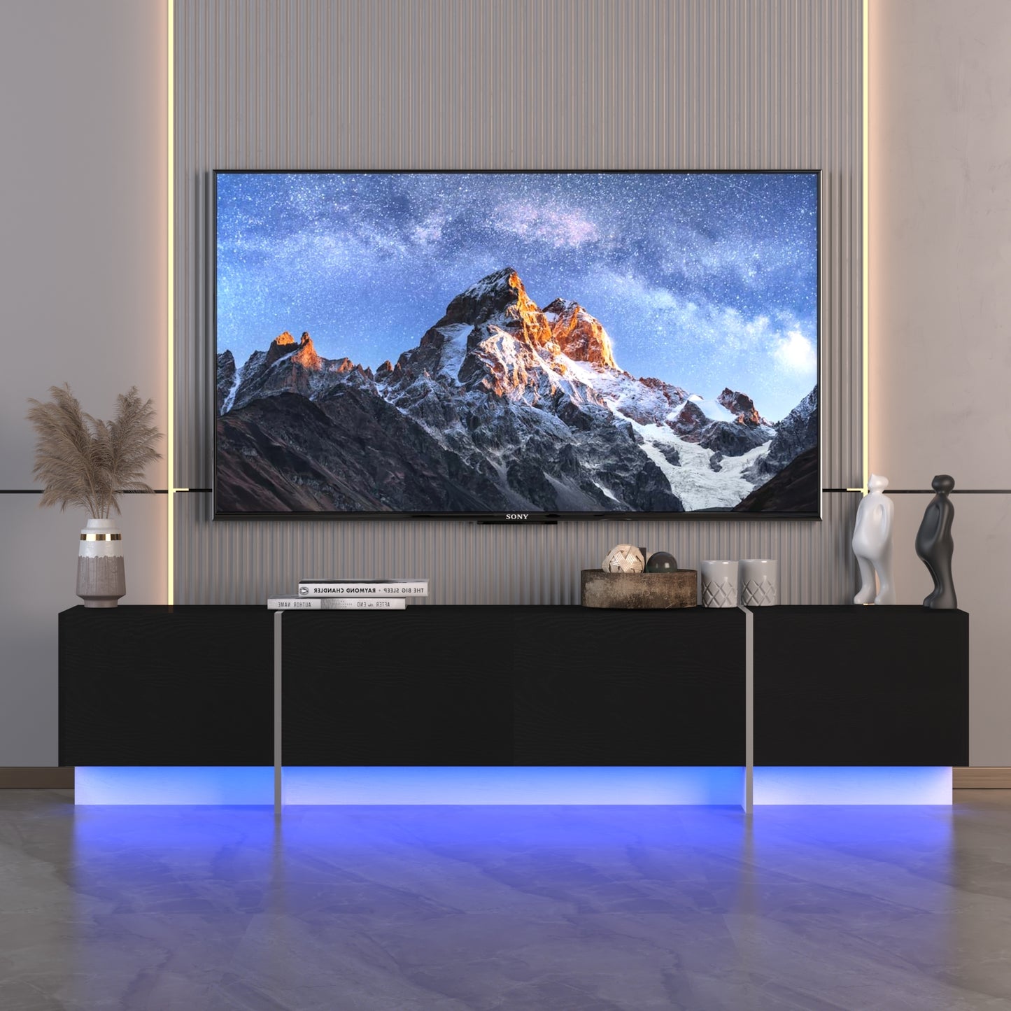 TV Console with Storage Cabinets, Remote Control, APP Control LED TV Stand, Full RGB Color Selection, 31 Modes Changing Lights Modern Entertainment Center (Black, for 75 inches TV) W1701P194964