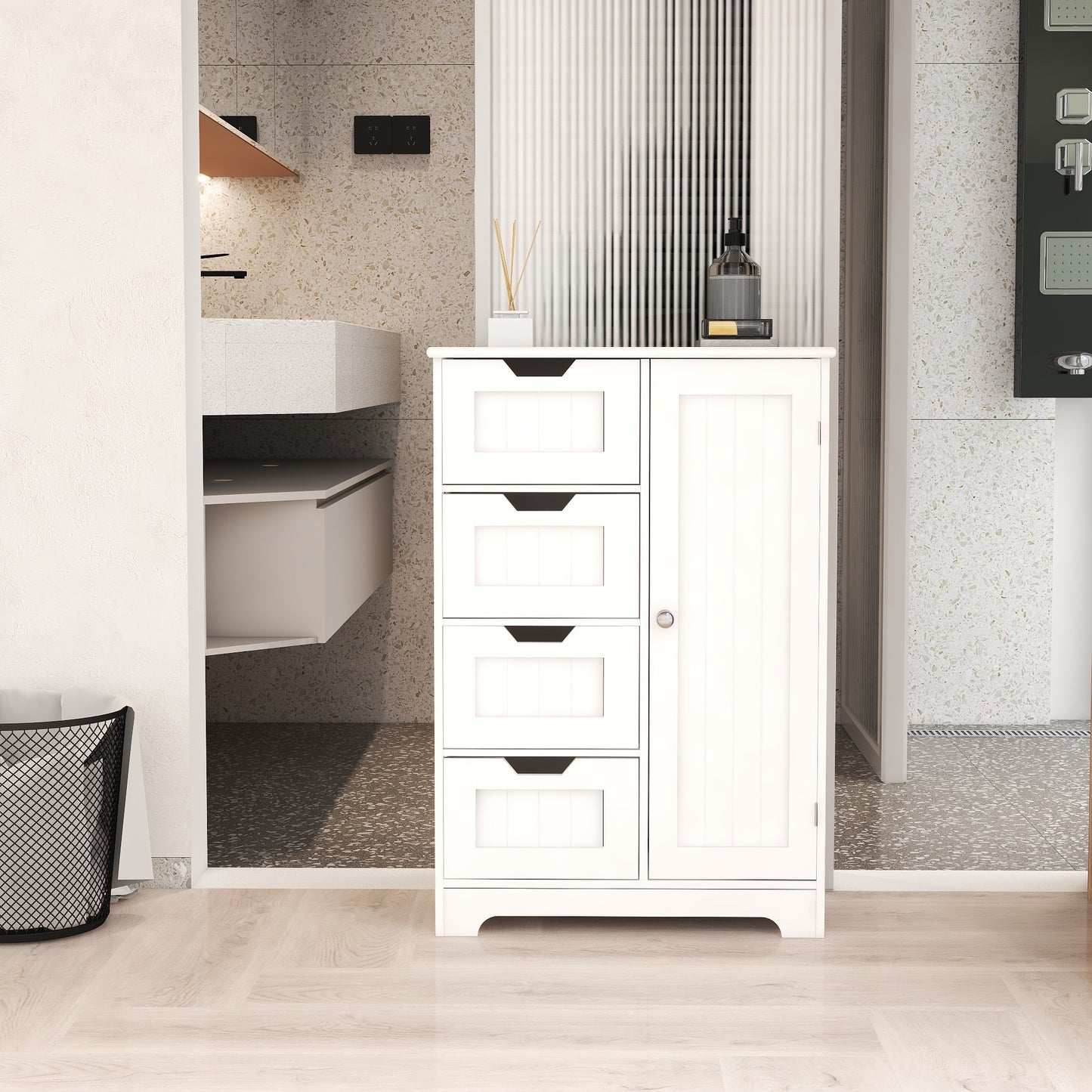 White freestanding floor storage cabinet with adjustable shelves, 4 drawers and 1 door W28222278
