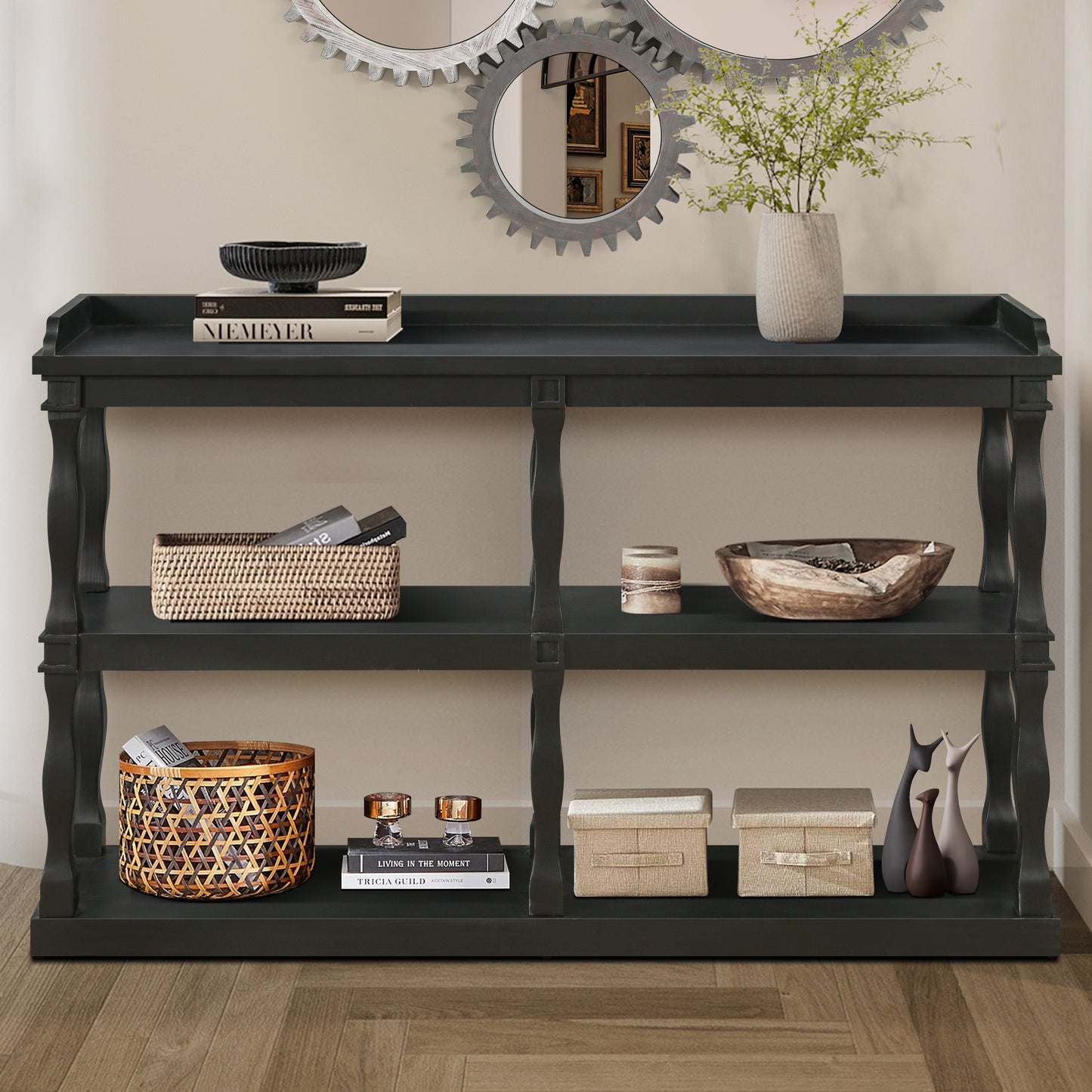 Console Table with 3-Tier Open Storage Spaces And Roman Column Effect Support Legs,Narrow Sofa Entry Table for Living Room, Entryway and Hallway(Black) W1445P162737