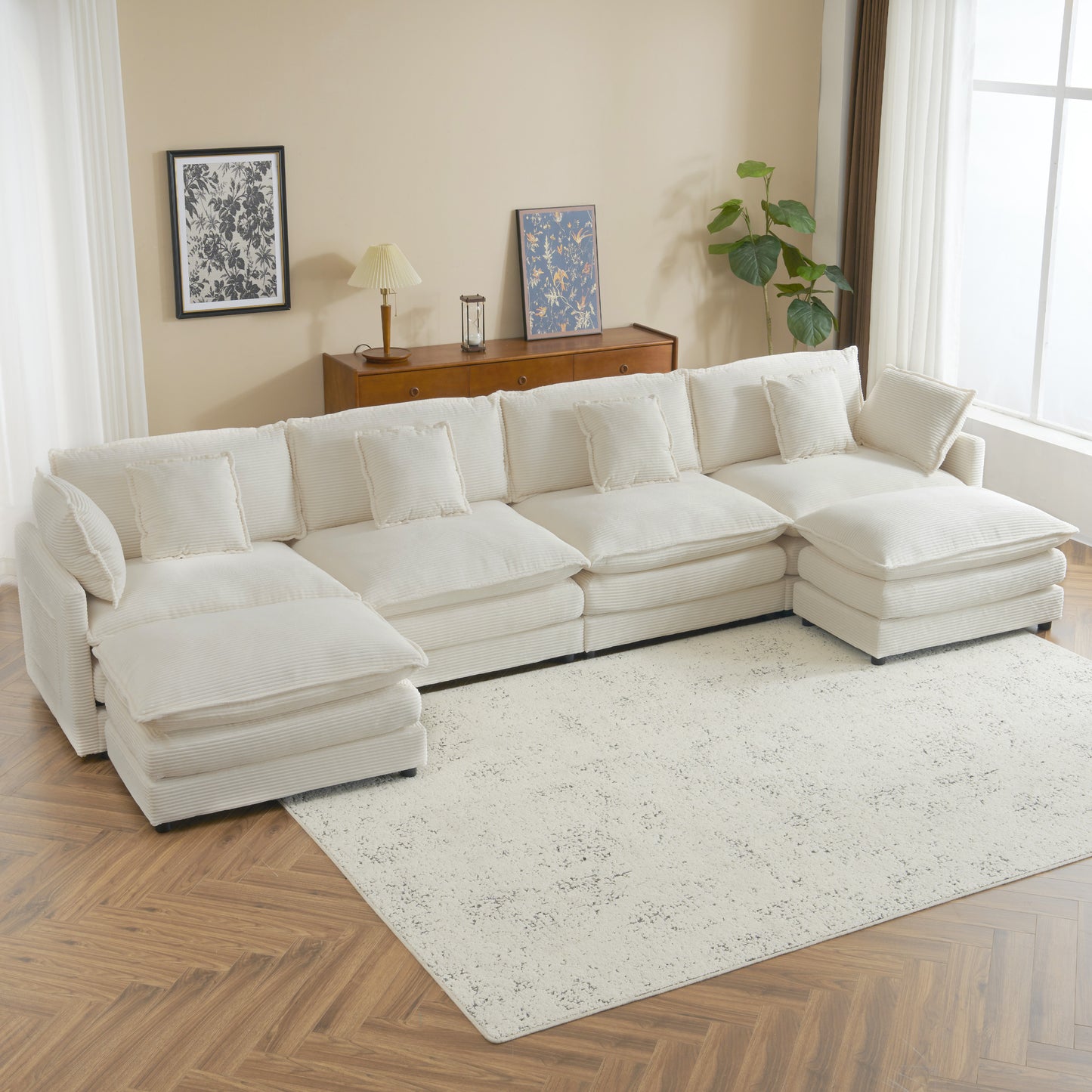 149.6' Modern Sofa Modular Sofa Couch Upholstered Corduroy L-Shape Sectional Sofa with Side Storage Pockets for Living Room, Beige N719S001720A