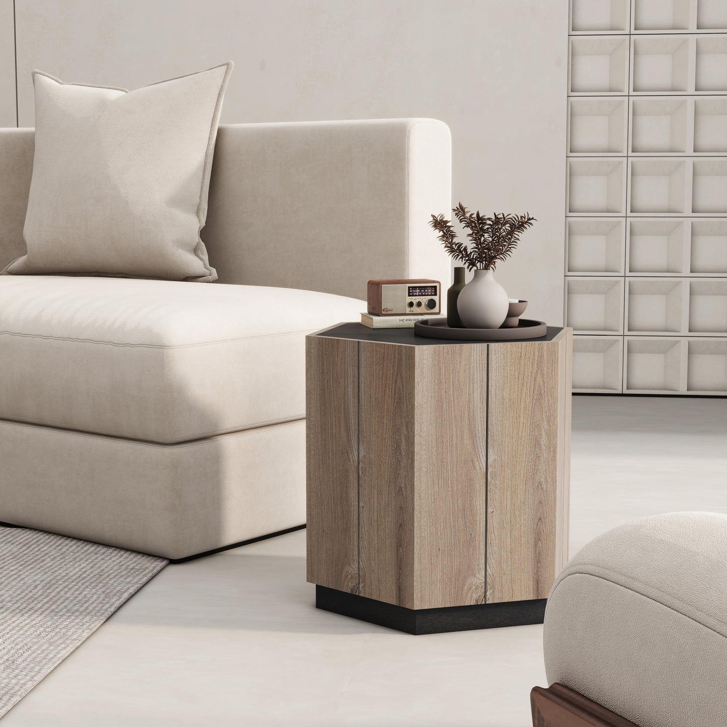 Hexagonal Rural Style Garden Retro with Drawer Living Room Corner Table Bedroom Bedside Table , Textured Black + Warm Oak W881103149