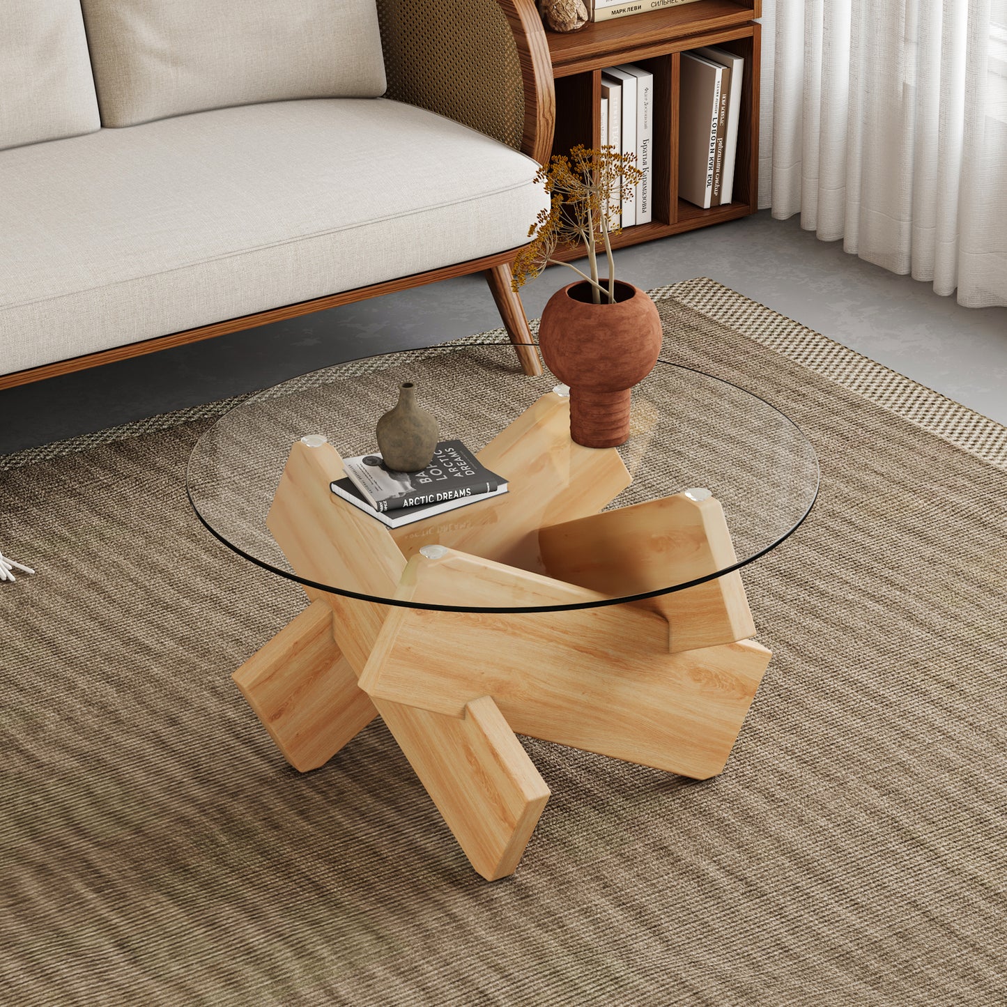 Circular glass coffee table, 33.4-inch modern and distinctive design tea table. Tempered glass countertop, wood colored MDF table legs. Suitable for living rooms and farmhouses W1151P146792
