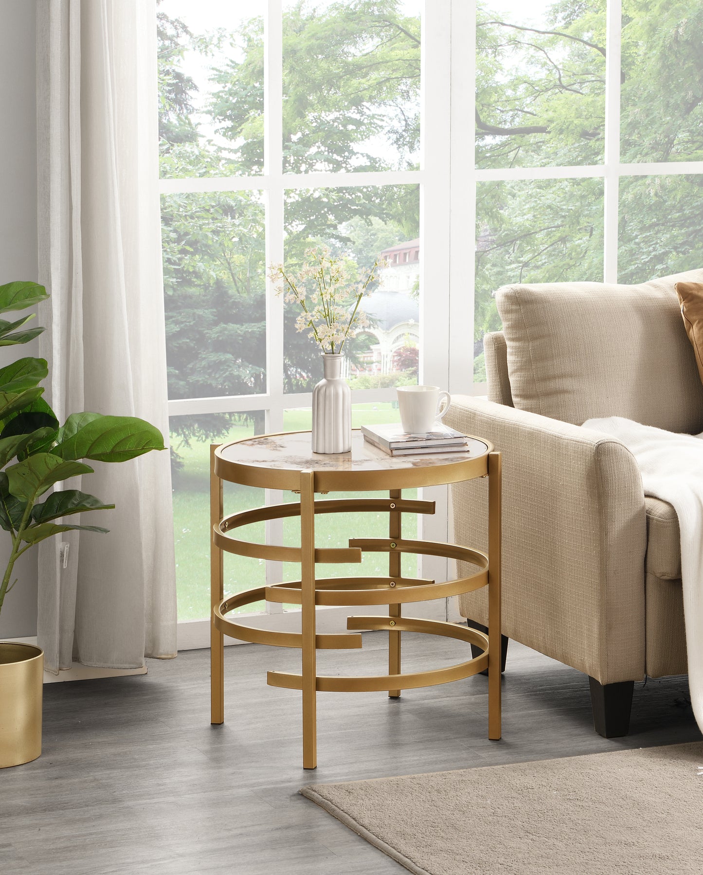 Modern Side Table, Pandora Sintered Stone End Table, Golden Small Coffee Table, 20.67''W x 20.67''D x 21.65'H W1071P144269
