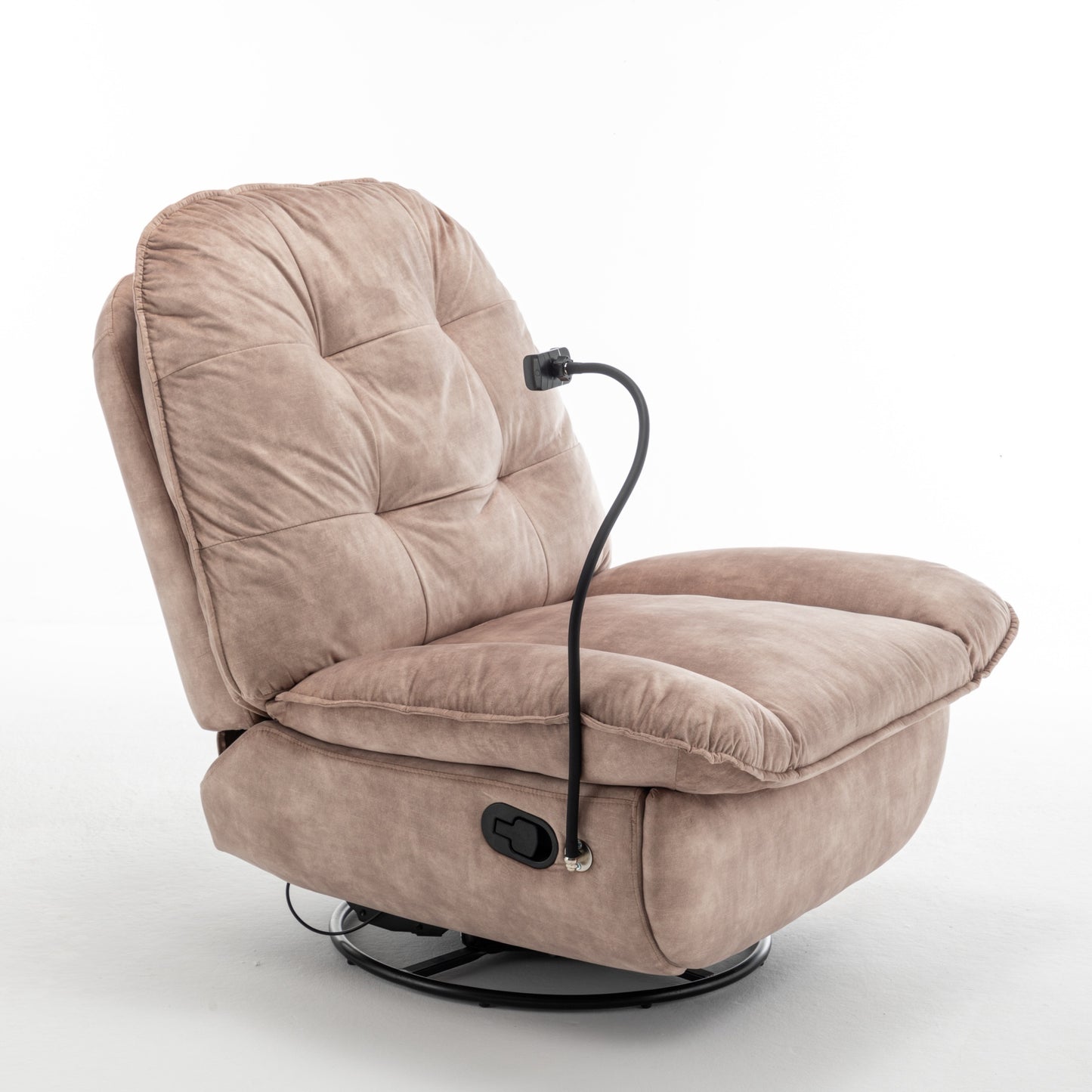Modern Natural Brown Swivel Gliding Recliner Chair with Rocking Function and Phone Holder – Large Comfortable Reading Chair in Gold-Stamped Velvet W1170P183282