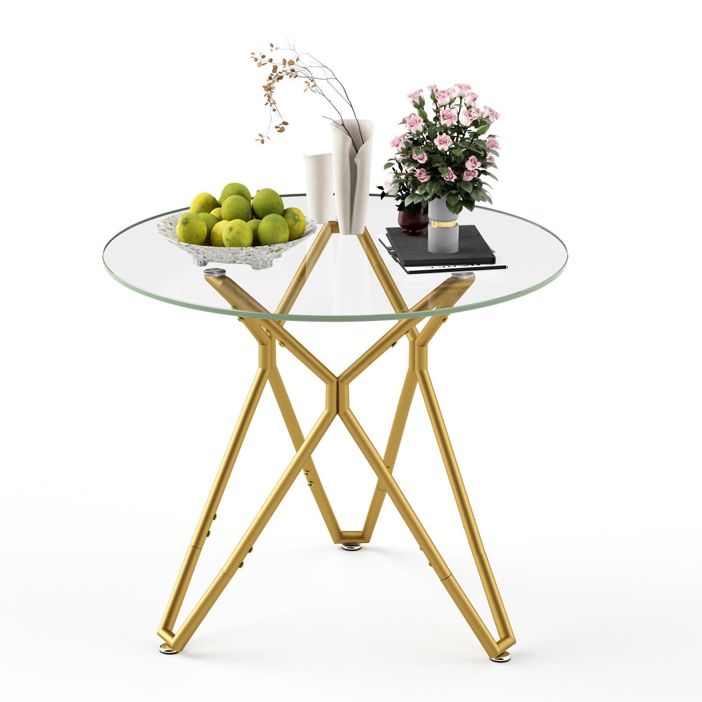 Modern Round Tempered Glass Dining Table with Sturdy Metal Legs for 1-4 People, Gold, 35.4 Inches W1162P306709
