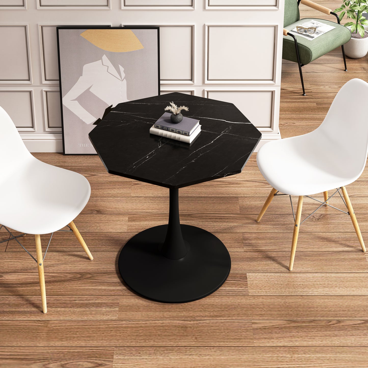 31.50'Modern Octagonal Coffee Table with Printed Black Marble Table Top,Metal Base, for Dining Room, Kitchen, Living Room W757126159