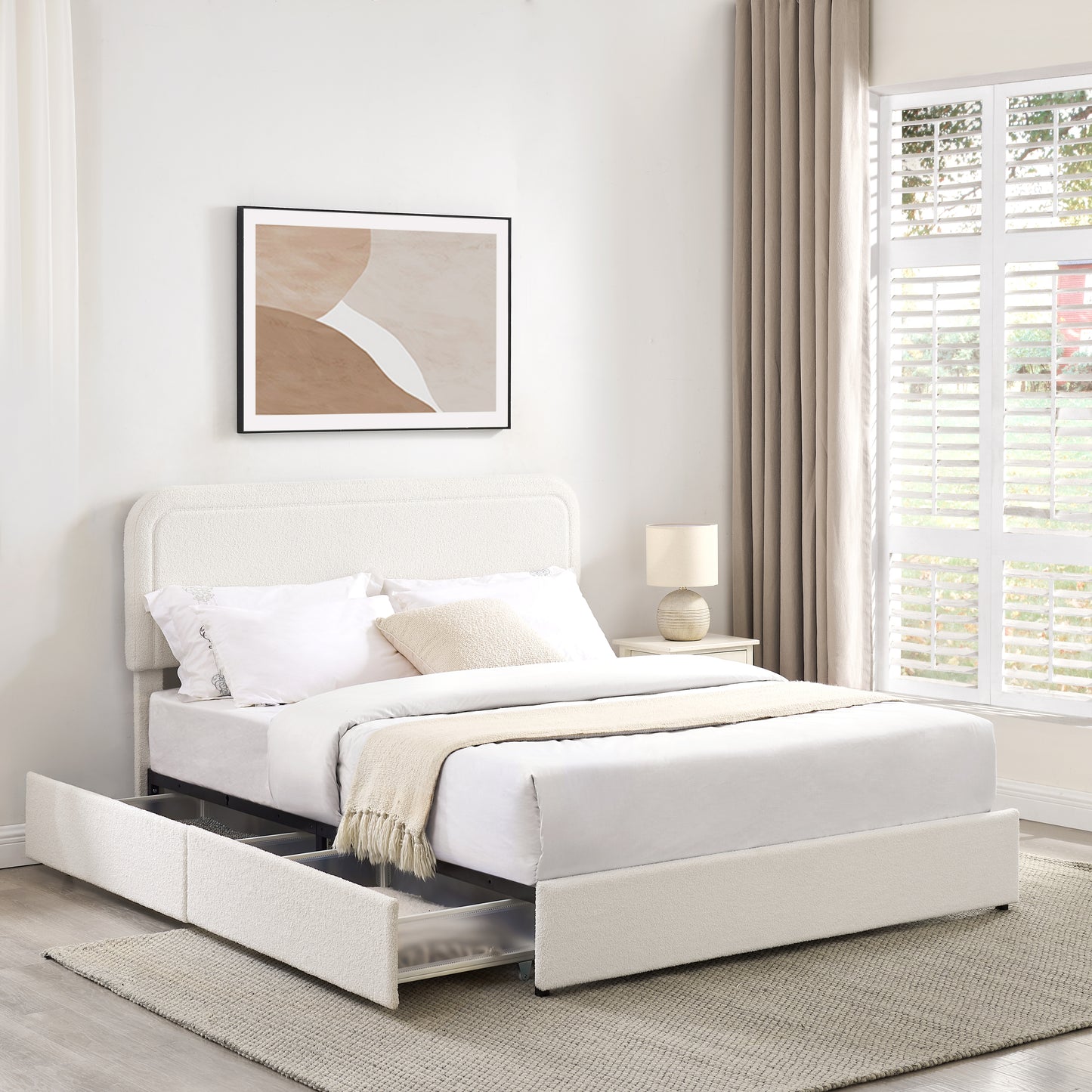 Liv Queen Size Ivory Boucle Upholstered Platform Bed with Patented 4 Drawers Storage, Curved Stitched Tufted Headboard, Wooden Slat Mattress Support, No Box Spring Needed B083140464