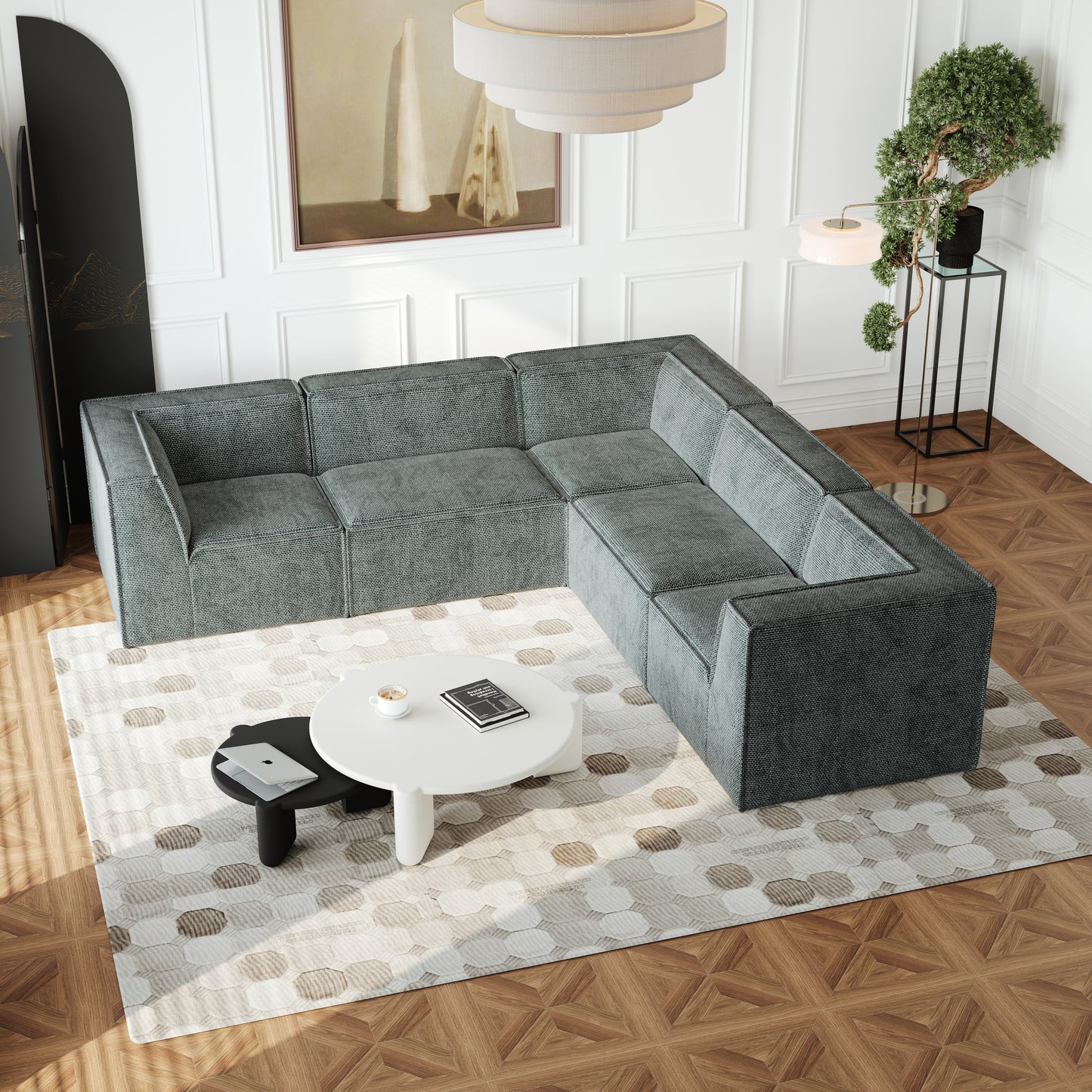 106*106' Chenille Modular L Shaped Sectional Sofa,Luxury Floor Couch Set,Upholstered Indoor Furniture,Foam-Filled Compressed Sofa for Living Room,Bedroom,5 PC Free Combination W834S00362