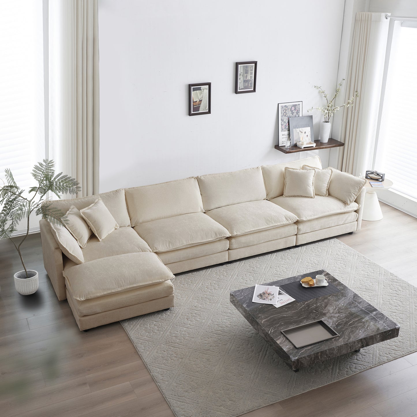 Modular Sectional Sofa for Living Room,U Shaped Couch 5 Seater Convertible Sectional Couch with 1 Ottoman ,Beige Chenille W714S00906