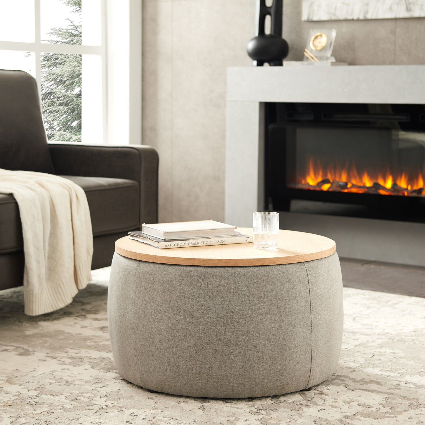 Round Storage Ottoman, 2 in 1 Function, Work as End table and Ottoman, Grey (25.5'x25.5'x14.5') W48735177