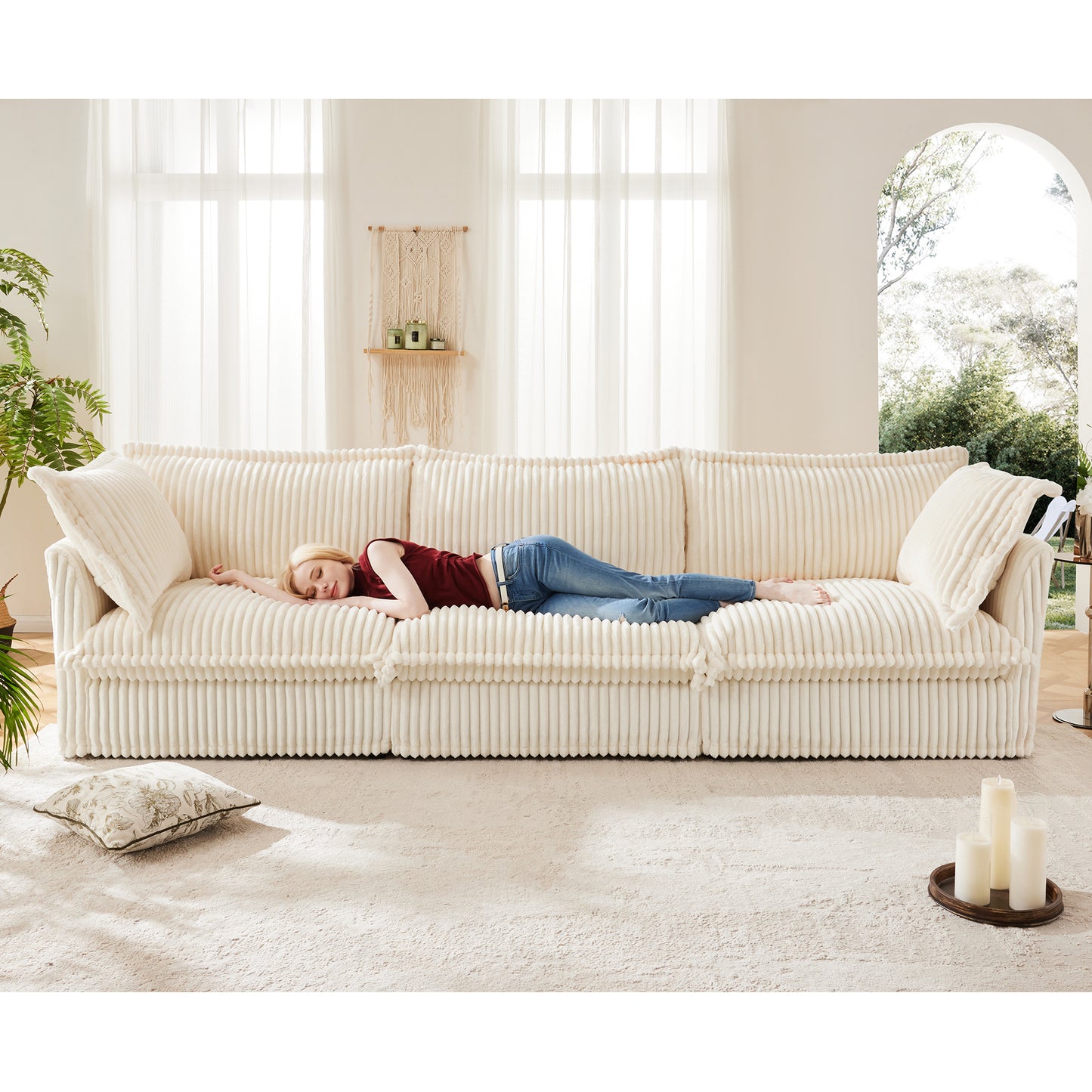 Slipcovered Sofa Couch, Modern 3 Seater Sofa with Suppleness Armrests,Deep Seat Sofa with Soft Multiple Big Pillows, Comfy Couch for Living Room, Apartment,Cream Corduroy Fabric W3041S00020