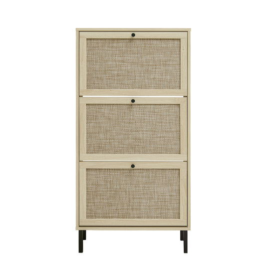 Modern Freestanding Rattan 3-Door Shoe Rack Storage Cabinet for Entryway, Natural Particle Board  W688P211253