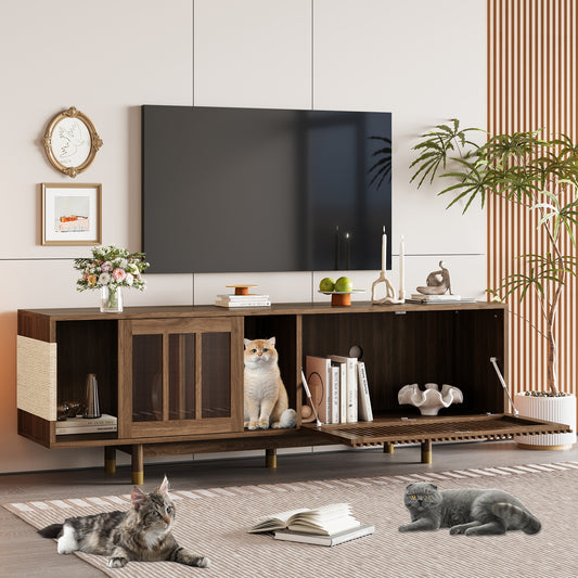 Mid-Century Modern style 2 IN 1 Cat Furniture 74' Walnut TV STAND with Sliding Flip-down glass door, Cat house Litter Box With Sisal Scratcher Board N843P251412W