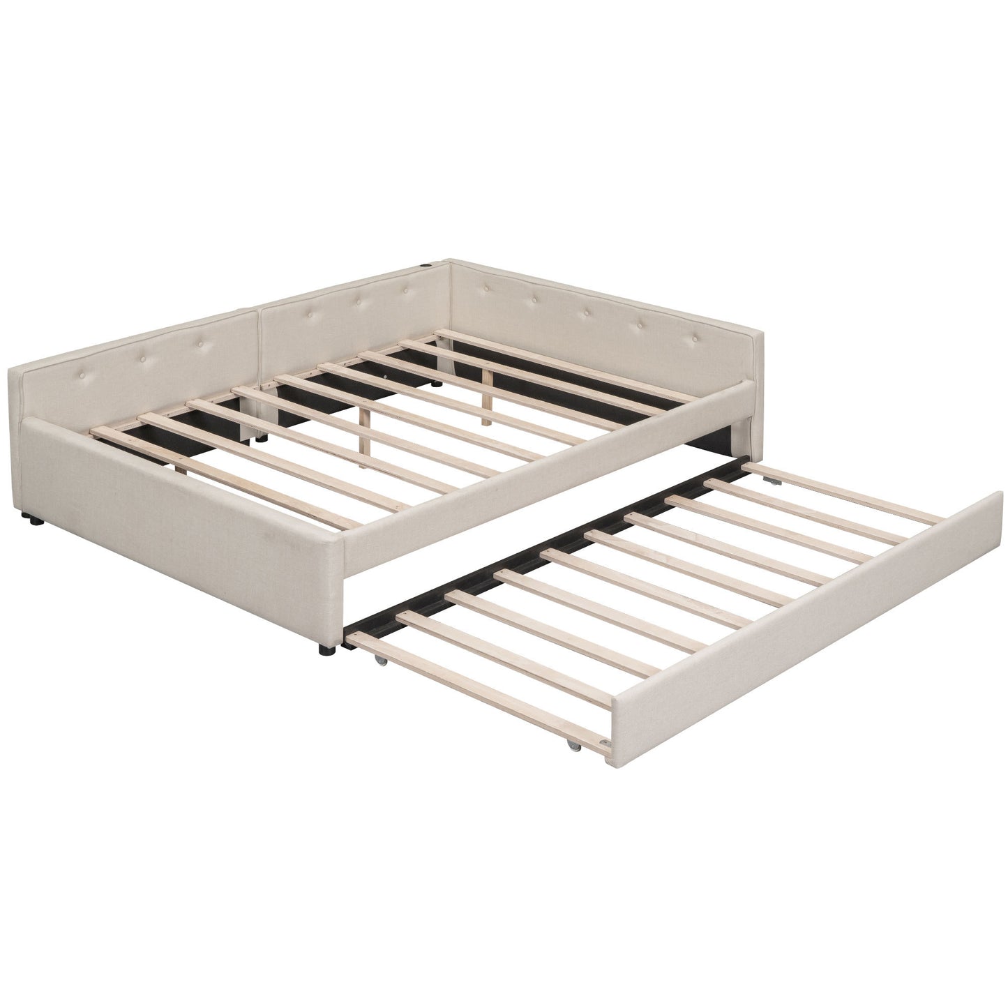 Beige Upholstered Platform Bed with USB and Twin Trundle, Queen Size Wood Frame with Linen Cover  DL000559AAA-1