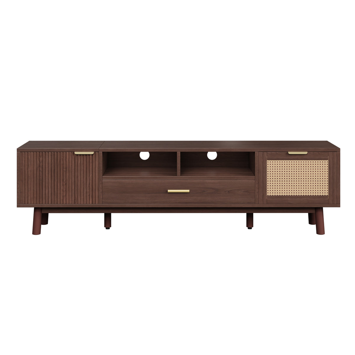 Wood Fashionable TV Stand for 75' TVs with Soft-Closing Doors, Dark Brown Modern Console with Rattan Accents and Drop-Down Cabinet, Solid Wood and MDF Construction  N710P257619P