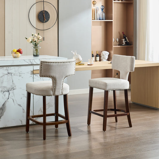 Mid Century Modern Counter Height Bar Stools Set of 2, Farmhouse Linen Fabric Upholstered Accent Chair Curved Backrest with Copper Nails around,Kitchen Chairs with Hardwood Frame, Beige  W1143P296347