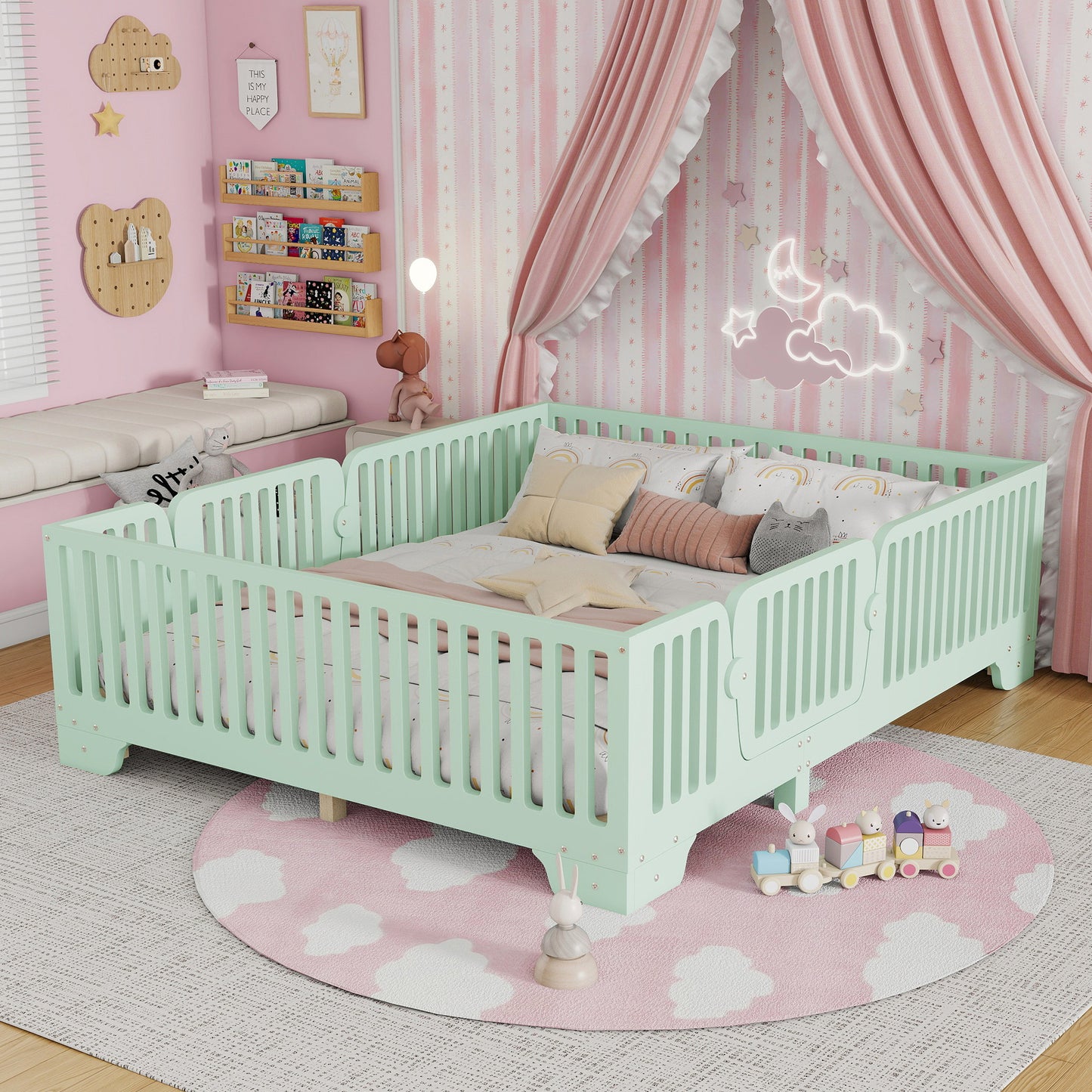Full Floor Bed with Slats and Fence, Full Size Montessori Floor Beds with Door, No Box Spring Needed,Mint Green(Expect Arrival Date 2025/12/23) W2593P381119