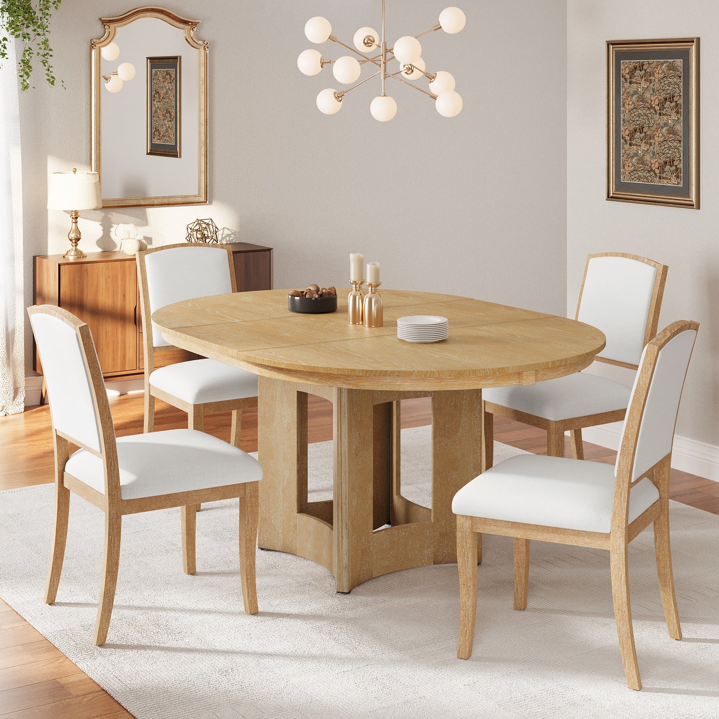 TOPMAX Farmhouse Extendable Round Dining Table Set for 4, 5-Piece Kitchen Table Set with 4 Upholstered Chairs and 16inch Removable Leaf for Small Places, Natural+Beige  SP000091AAN
