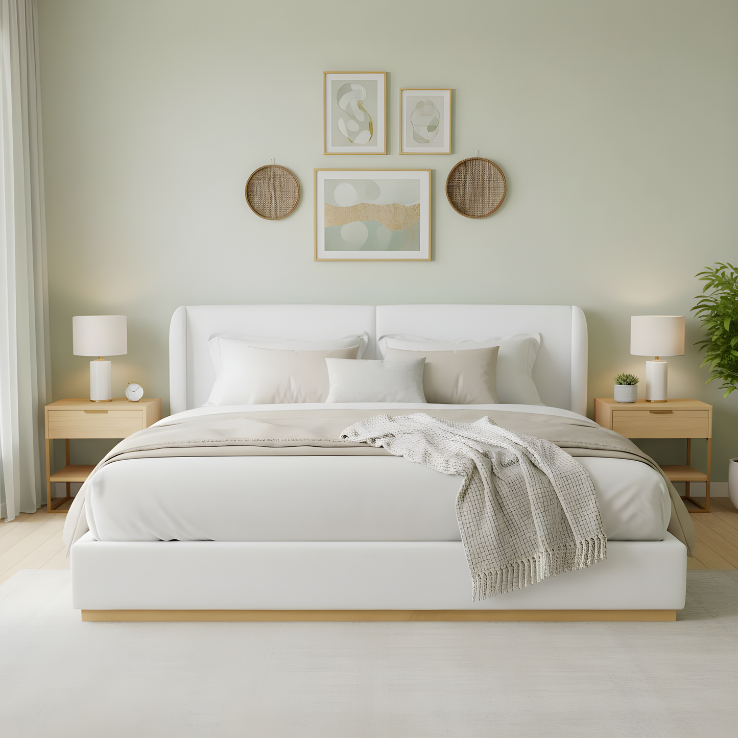 Modern White Bouclé Winged Bed Frame with Enclosed Wood Base,  King Size  N76KP376584W