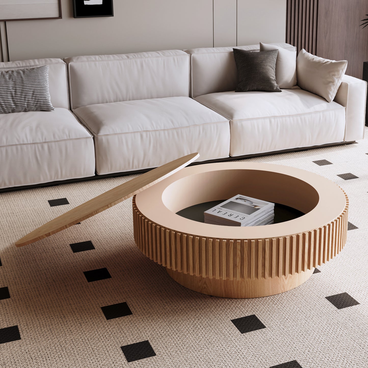 39.37'' Round Coffee Table with Storage Solid Wood Veneered Modern Coffee Table Accent Tea Table for Living Room, Bedroom, Apartment or Office, Natural Wood  W1435P261923