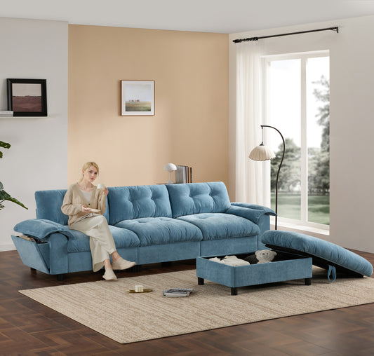 [VIDEO]104*60' Sectional Sofa, L-Shape with Multifunctional Armrest, Dual-Port Charging, Cup Holder, Side Storage Pockets, Movable Storage Ottoman, Unique Tufted Design, Soft Cushion, Chenille,3colors N723S9806C