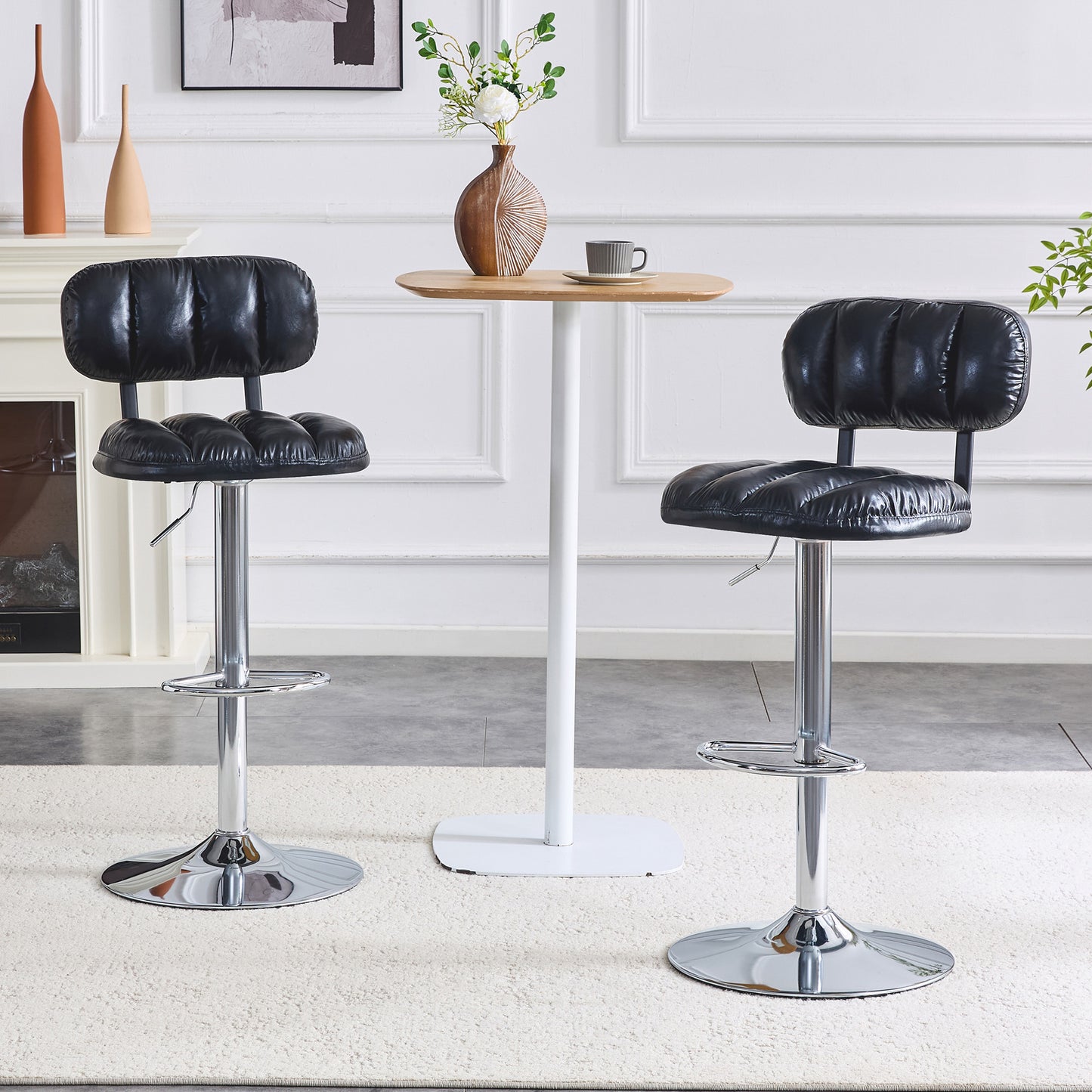 Set of 2 Adjustable Height Bar Stools, Black PU Leather Upholstered with Chrome Base & Footrest, Modern Comfortable Stools for Kitchen Island, Home Bar, Game Room & Office Break Area W3875P378576
