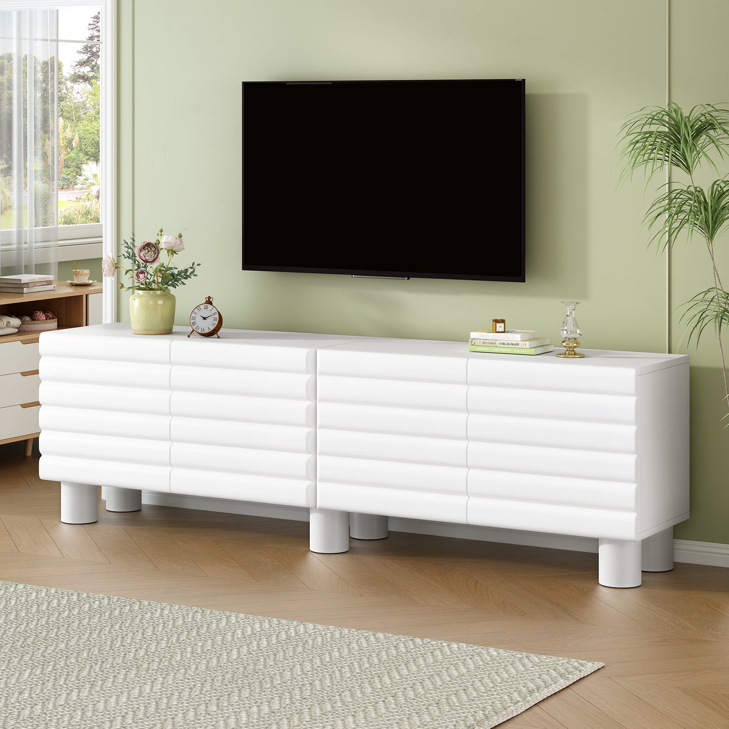 Stylish Thick Wavy Door TV Cabinet with Adjustable Shelves, Cream Style TV Stand with 4 Cabinets for TVs Up to 75', Solid Media Console with Cylindrical Legs and Cable Holes for Living Room, White  N721P350797K