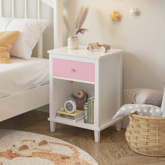 26.77''H Wooden Nightstand with One Drawer One Shelf for Kids, Adults, Pink+Golden handle W80859135
