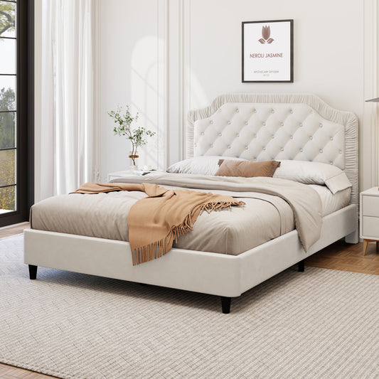 Queen Size Upholstered Bed with Ruched and Button Tufted Headboard, No Box Spring Needed,Velvet, White  N701P237339A