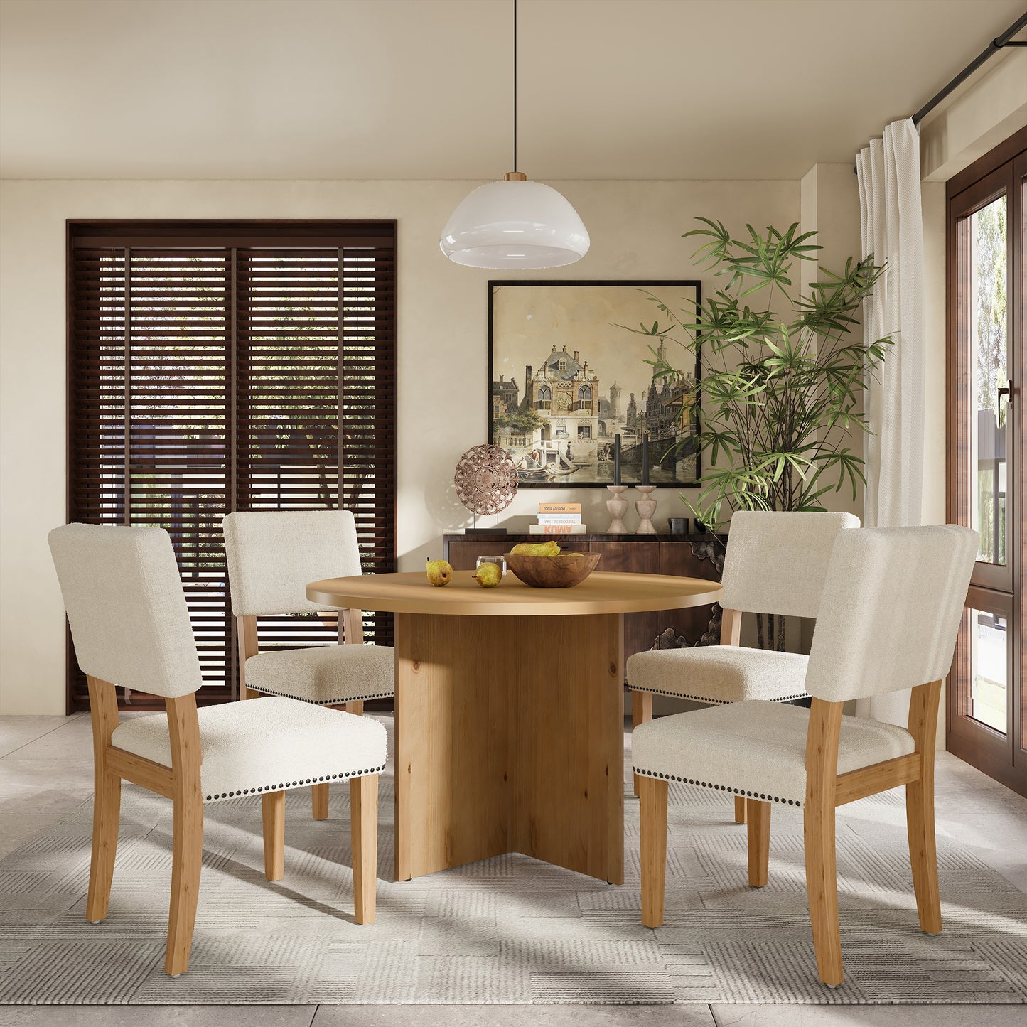TOPMAX Modern 5-Piece Round Dining Table Set Pedestal Kitchen Table Set with 4 Upholstered Dining Chairs for Studio, Apartment, Small Places, Natural  SP000045AAD