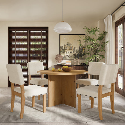 TOPMAX Modern 5-Piece Round Dining Table Set Pedestal Kitchen Table Set with 4 Upholstered Dining Chairs for Studio, Apartment, Small Places, Natural  SP000045AAD