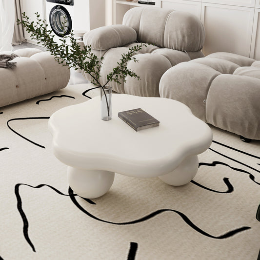 35' Cream Cloud Shaped Coffee Table, Petal-Shaped Modern Minimalist Coffee Table with Spherical Legs, Cream White Kid & Pet Friendly Space Saving Living Room Table for Small Apartment, Cream White  W1435S00027