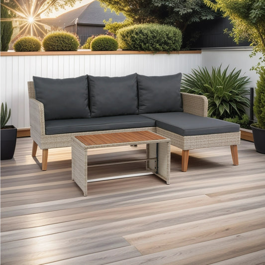 3 Piece Patio Sectional Wicker Rattan Outdoor Furniture Sofa Set Natural Yellow Wicker + Dark Grey Cushion   W329S00037