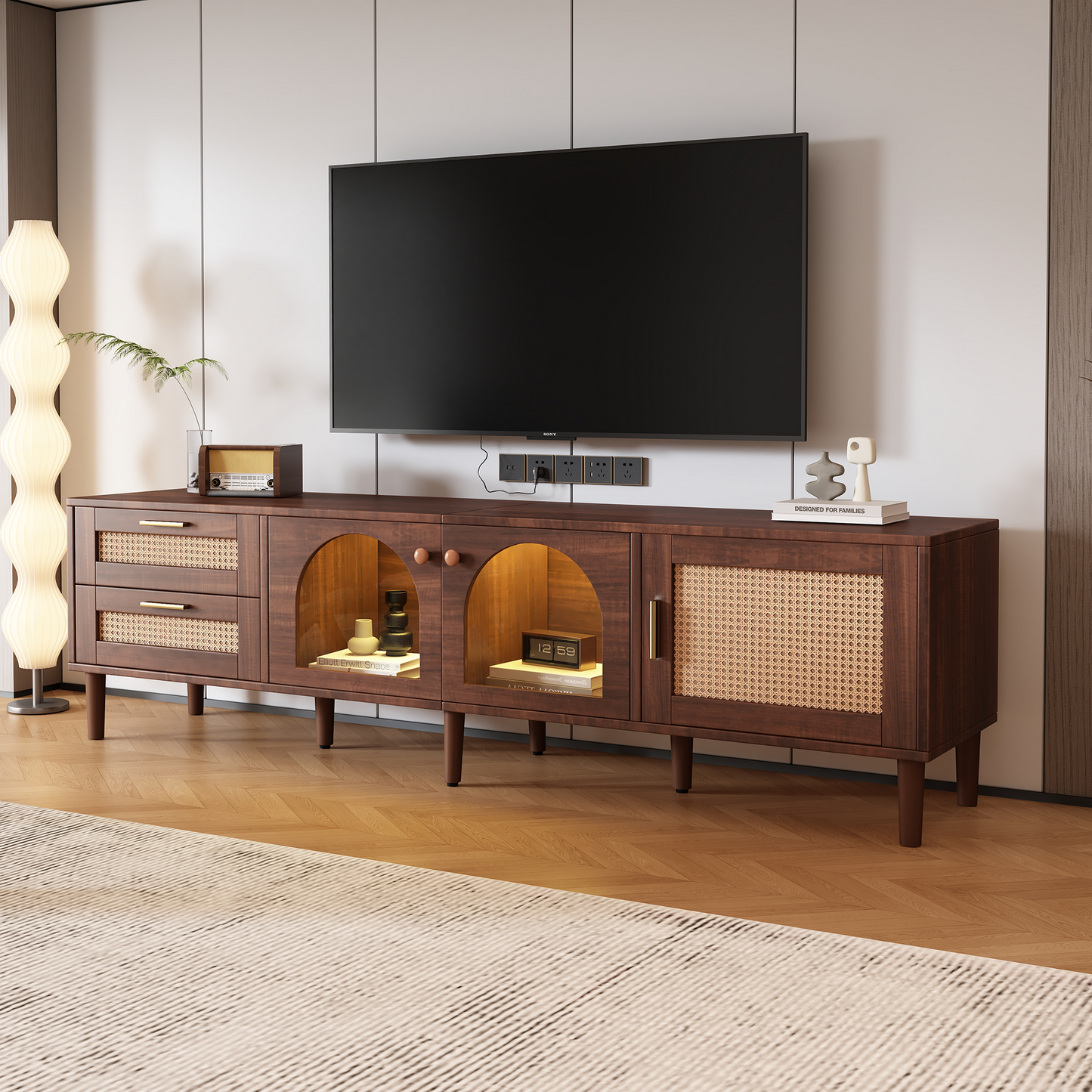 Rattan TV Stand with 3 Cabinets & 2 Drawers, Rattan-inspired Media Console Table for TVs up to 80'', LED Light Entertainment Center, TV cabinet for Living room, Bedroom, Home Theatre  WF324225AAP