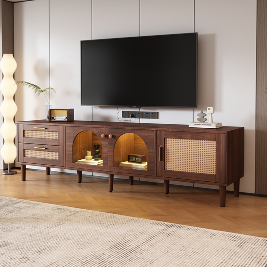 Rattan TV Stand with 3 Cabinets & 2 Drawers, Rattan-inspired Media Console Table for TVs up to 80'', LED Light Entertainment Center, TV cabinet for Living room, Bedroom, Home Theatre  WF324225AAP