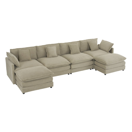 Modern Brown Corduroy Modular Sofa Couch with Side Storage Pockets and Movable Ottoman, 149.6' L-Shape Sectional N719S001720D