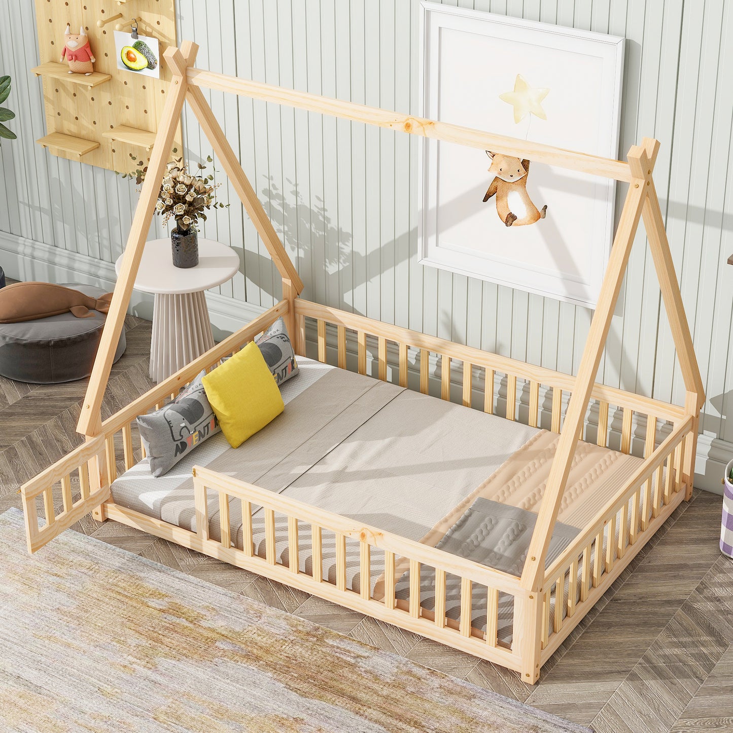 Full Tent-shaped Floor Bed, with Guardrails, Slats, Door ,Natural  W504119508