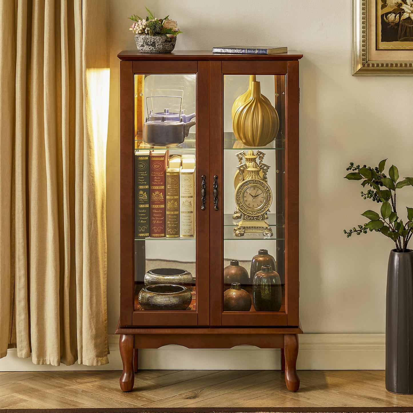 Curio Cabinet Lighted Curio Diapaly Cabinet with Adjustable Shelves and Mirrored Back Panel, Tempered Glass Doors (Walnut, 3 Tier), (E26 light bulb not included)  W169392180