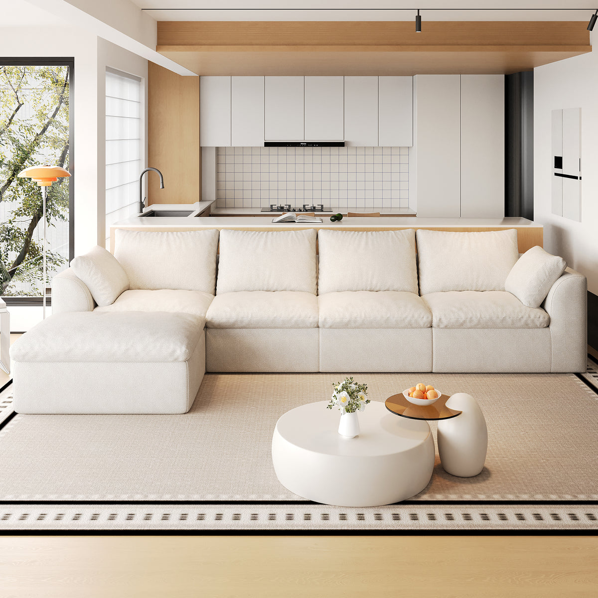 137.9' L‑Shaped 5‑Seat Modular Sectional Sofa with Single Chaise, Oversized Deep‑Seat Corner Couch, Vacuum Compressed Tool‑Free Assembly, Textured Woven Fabric Large Sofa for Living Room, White  W2824S00397