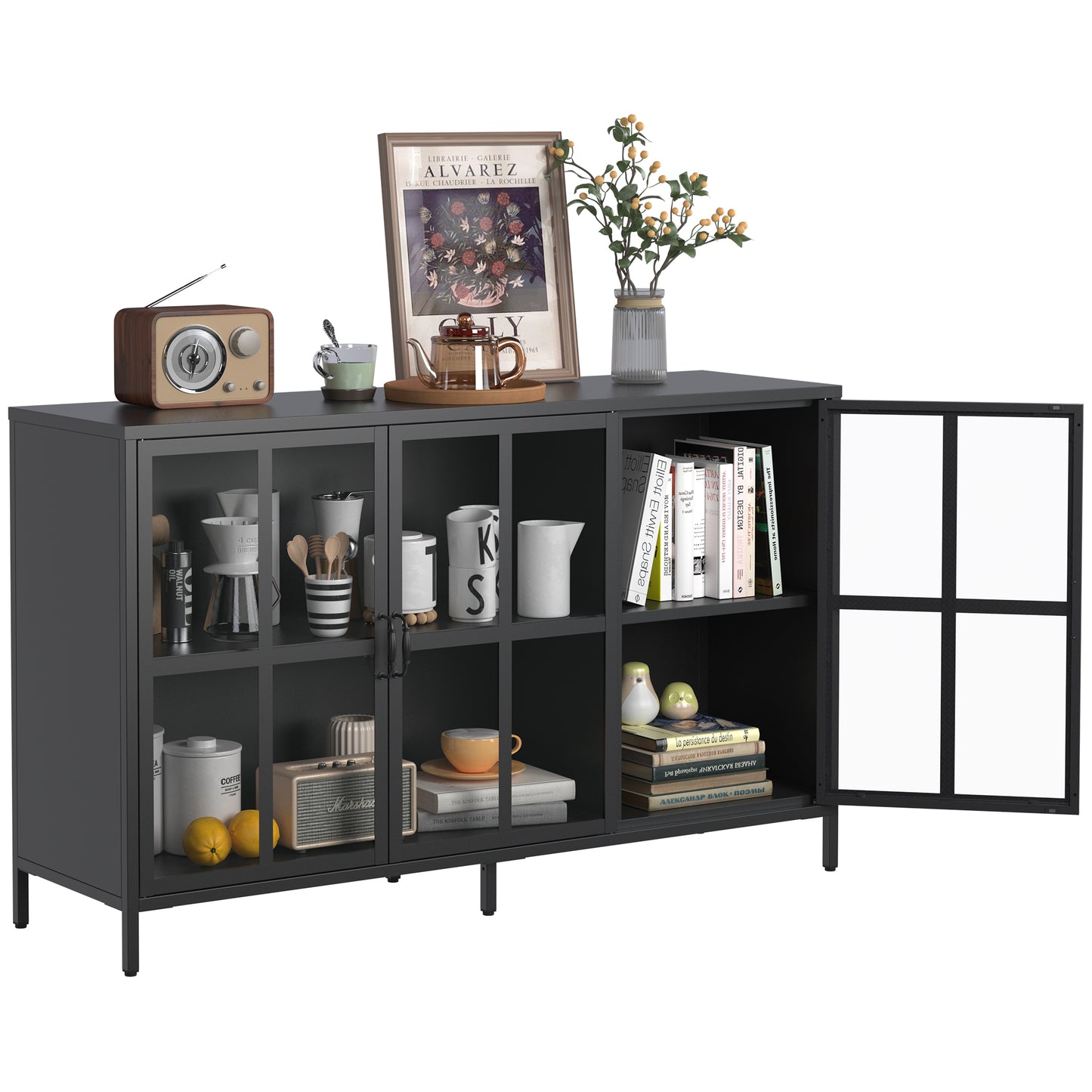 Modern Heavy Duty Metal Sideboard Buffet Cabinet with Storage, Adjustable Feet, Glass Doors, Black Steel, 55.12' T2398P262075