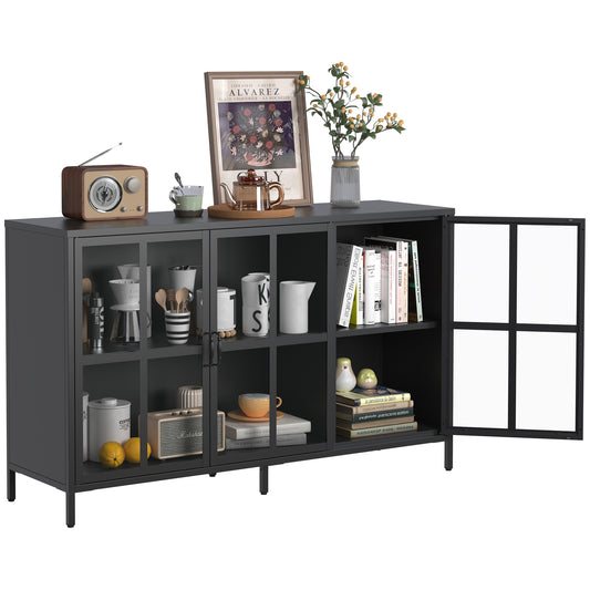 Modern Heavy Duty Metal Sideboard Buffet Cabinet with Storage, Adjustable Feet, Glass Doors, Black Steel, 55.12' T2398P262075