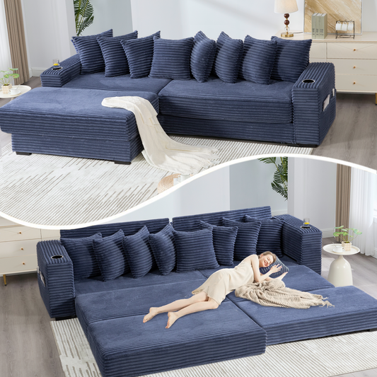 [NEW ARRIVED] [VIDEO PROVIDED]   110.75' Modular L Shaped Sofa, Corduroy Fabric Sectional Couch,With a movable footstool, Cup Holders,Bring 8 throw pillows,Side Pocket,Unfold into a Bed,Blue W2108S00133