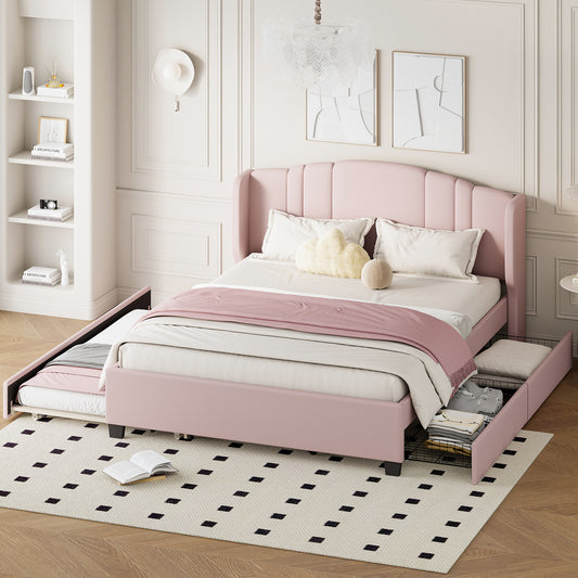 Upholstered Platform Bed with Wingback Headboard, One Twin Trundle and 2 Drawers, No Box Spring Needed, Linen Fabric, Queen Size, Pink  N733S208132H